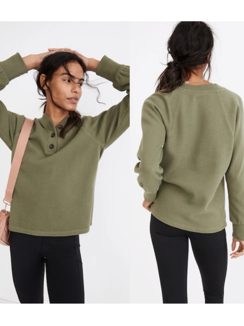 Madewell MWL Olive Green Waffle Knit Cozy Henley Pullover Relaxed Fit Size M
